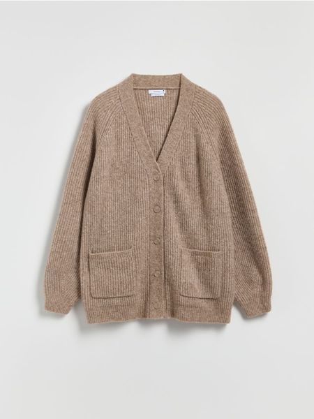 Kardigan z wełną - beżowy. Brązowe kardigany Reserved, l, bez wzorów, z dzianiny. W wyprzedaży za 119.99 zł.