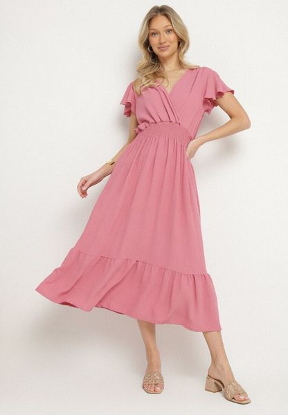 Różowa Sukienka o Rozkloszowanym Kroju z Kopertowym Dekoltem i Gumką w Talii Reiliana. Czerwone sukienki Born2be, na co dzień, na lato, l, bez wzorów, eleganckie, bez kołnierzyka, bez ramiączek, kopertowe. Za 69.99 zł.