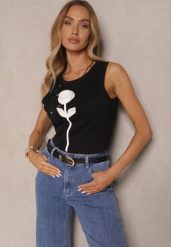 Czarny Top z Bawełny Ozdobiony Kwiatami 3D i Cyrkoniami Aluvella. Czarne topy Renee, l, z aplikacjami, z bawełny, bez kołnierzyka, bez ramiączek. Za 39.99 zł.