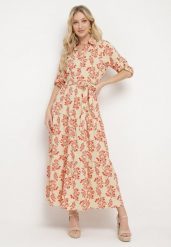 Jasnobeżowa Koszulowa Sukienka z Podwijanymi Rękawami Zapinana na Guziki z Paskiem w Pasie Illnara. Brązowe sukienki Born2be, na co dzień, l, bez wzorów, eleganckie, bez kołnierzyka, bez ramiączek, koszulowe. Za 49.99 zł.