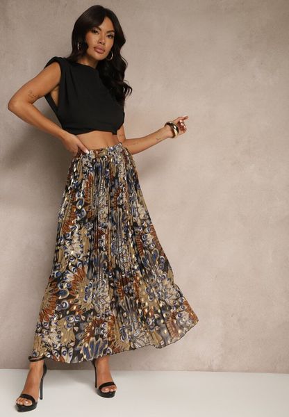 Czarna Spódnica Plisowana Ozdobiona Metalicznym Nadrukiem Firavenne. Czarne spódnice Renee, do pracy, l, bez wzorów, biznesowe, maxi. Za 79.99 zł.