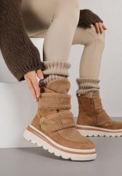 Brązowe Botki Śniegowce na Grubej Podeszwie Ozdobione Szerokimi Rzepami Amerria. Brązowe botki Born2be, bez wzorów, z jeansu, bez obcasa, na płaskiej podeszwie, bez zapięcia. Za 149.99 zł.