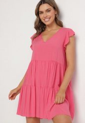 Różowa Rozkloszowana Sukienka z Bawełny Ozdobiona Falbankami Natiriane. Czerwone sukienki Born2be, na co dzień, na lato, l, bez wzorów, z bawełny, eleganckie, bez kołnierzyka, bez ramiączek, mini, rozkloszowane. Za 39.99 zł.
