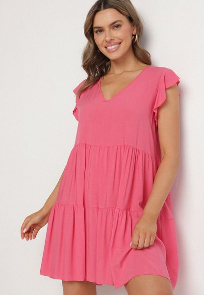 Różowa Rozkloszowana Sukienka z Bawełny Ozdobiona Falbankami Natiriane. Czerwone sukienki Born2be, na co dzień, na lato, l, bez wzorów, z bawełny, eleganckie, bez kołnierzyka, bez ramiączek, rozkloszowane. Za 44.99 zł.