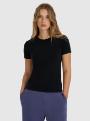 4F T-shirt z prążkowanej dzianiny z modalem damski - czarny M. Czarne t-shirty 4f, m, bez wzorów, z dzianiny, bez kołnierzyka, bez ramiączek. Za 79.99 zł.
