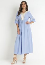 Niebieska Wiskozowa Sukienka Maxi z Ozdobnym Dekoltem i Gumką w Pasie Latava. Niebieskie sukienki Born2be, na co dzień, m, bez wzorów, z wiskozy, bez kołnierzyka, bez ramiączek, maxi, rozkloszowane. Za 79.99 zł.