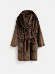 Miękki szlafrok z uszami - brązowy. Brązowe szlafroki Reserved, l, bez wzorów, z dzianiny, bez ramiączek, bez kaptura. Za 139.99 zł.