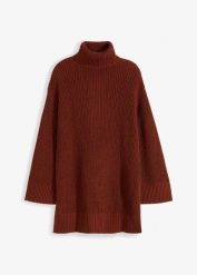Sweter oversize z golfem z mieszanki bawełny. Brązowe golfy bonprix, bez wzorów, z bawełny, bez ramiączek. Za 124.99 zł.