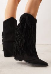 Czarne Botki Typu Kowbojki na Obcasie z Wywiniętą Cholewką i Frędzlami Uemiris. Czarne botki Born2be, bez wzorów, z jeansu, bez obcasa, na obcasie, bez zapięcia. Za 169.99 zł.