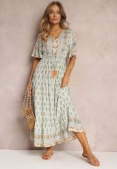 Miętowa Sukienka Maxi z Krótkim Rękawem i Gumką w Talii Emaya. Zielone sukienki Renee, s, bez wzorów, z tkaniny, boho, bez kołnierzyka, bez ramiączek, maxi. Za 49.99 zł.