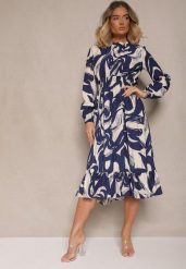 Granatowa Sukienka z Bawełną i Abstrakcyjnym Wzorem Tersedi. Niebieskie sukienki Renee, na co dzień, m, bez wzorów, z bawełny, eleganckie, bez kołnierzyka, bez ramiączek, midi. Za 79.99 zł.
