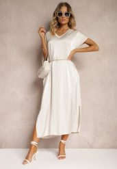 Jasnobeżowa Casualowa Sukienka z Wiskozy Oversize o Pudełkowym Kroju Morarose. Brązowe sukienki Renee, na lato, bez wzorów, z materiału, bez kołnierzyka, bez ramiączek, midi, oversize. Za 109.99 zł.