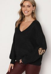 Czarny Sweter z Wełną i Ozdobnymi Naszywkami na Łokciach Norethra. Czarne swetry Born2be, na zimę, uniwersalny, z aplikacjami, z jeansu, bez ramiączek. Za 129.99 zł.