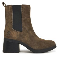 Botki Timberland. Brązowe botki Timberland, bez wzorów, bez obcasa, na słupku, bez zapięcia. Za 779.99 zł.