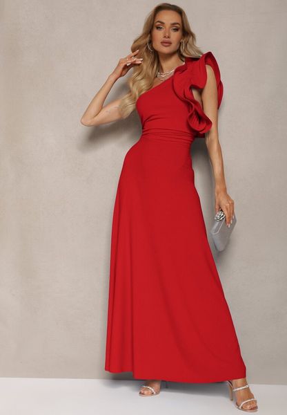 Czerwona Rozkloszowana Sukienka Asymetryczna z Dużymi Falbanami przy Ramionach Cevada. Czerwone sukienki Renee, na co dzień, l, bez wzorów, z asymetrycznym kołnierzem, bez ramiączek, maxi, asymetryczne. Za 69.99 zł.