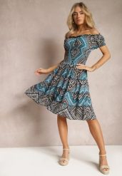 Zielono-Czarna Elastyczna Sukienka Boho z Hiszpańskim Dekoltem z Bawełny Solphina. Zielone sukienki Renee, m, bez wzorów, z bawełny, boho, bez kołnierzyka, bez ramiączek. Za 44.99 zł.