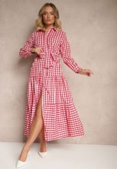 Czerwona Koszulowa Sukienka z Bawełny w Kratkę Vichy z Wiązanym Paskiem Adlivia. Czerwone sukienki Renee, na co dzień, m, bez wzorów, z bawełny, eleganckie, bez kołnierzyka, bez ramiączek, maxi, dopasowane. Za 109.99 zł.