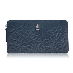 Poziomy portfel damski skórzany granatowy w kwiaty z metalowym logo Paolo Peruzzi AL-13-NV. Niebieskie portfele PAOLO PERUZZI, bez wzorów, ze skóry. Za 89.00 zł.