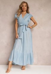 Niebieska Rozkloszowana Sukienka Maxi z Gumką w Talii Lavla. Niebieskie sukienki Renee, l, bez wzorów, z materiału, bez kołnierzyka, bez ramiączek, maxi, rozkloszowane. Za 74.99 zł.