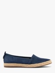 Granatowe espadryle z weluru. Niebieskie espadryle Ryłko, bez wzorów, ze skóry, bez obcasa, na płaskiej podeszwie, bez zapięcia. W wyprzedaży za 299.99 zł.