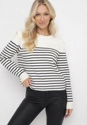 Beżowo-Granatowy Sweter w Cienkie Paskiz Poduszkami na Ramionach Gefonde. Brązowe swetry Born2be, m, bez wzorów, bez ramiączek. Za 139.99 zł.