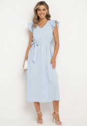 Niebieska Sukienka Wiązana w Pasie z Rękawem z Falbanką z Rozcięciami i Cyrkoniami Fernesta. Niebieskie sukienki Born2be, do pracy, l, z aplikacjami, biznesowe, bez kołnierzyka, bez ramiączek, midi, kopertowe. Za 109.99 zł.