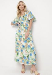 Biało-Niebieska Sukienka w Kolorowe Kwiaty z Kopertowym Dekoltem i Wiązanym Paskiem Thaliorra. Białe sukienki Born2be, m, bez wzorów, bez kołnierzyka, bez ramiączek, maxi, kopertowe. Za 79.99 zł.
