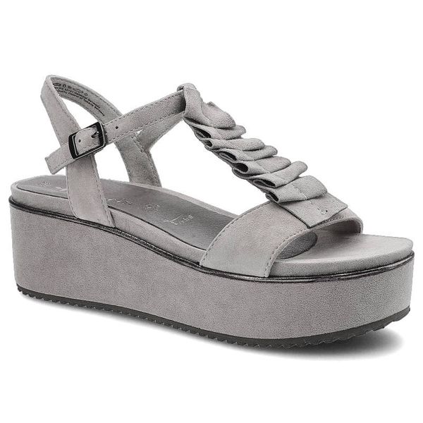 Sandały damskie Tamaris, naturalna skóra zamszowa z regulowanym paskiem na sprzączce szerokim paskiem z dekoracyjnymi zakładkami oraz grubą platformą. Szare sandały Tamaris, bez wzorów, ze skóry, eleganckie, bez obcasa, na koturnie, bez zapięcia. Za 179.00 zł.