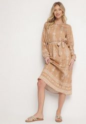 Beżowa Sukienka we Wzory Boho Pudełkowa z Paskiem w Talii Lisanea. Brązowe sukienki Born2be, na co dzień, bez wzorów, z materiału, boho, bez kołnierzyka, bez ramiączek, midi, w kształcie A. Za 89.99 zł.