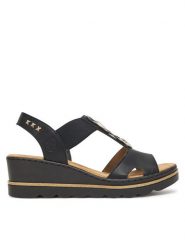 Rieker Sandały 67498-00 Czarny. Czarne sandały Rieker, bez wzorów, z materiału, bez obcasa, na koturnie, bez zapięcia. Za 259.99 zł.
