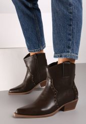 Brązowe Botki Kowbojki z Ozdobnymi Nitami Mevasia. Brązowe botki Born2be, bez wzorów, bez obcasa, na obcasie, bez zapięcia. Za 119.99 zł.