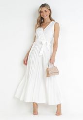 Biała Plisowana Sukienka Maxi z Gumką w Pasie i Materiałowym Paskiem Biak. Białe sukienki Born2be, na imprezę, na lato, l, bez wzorów, z materiału, eleganckie, bez kołnierzyka, bez ramiączek, maxi. Za 84.99 zł.
