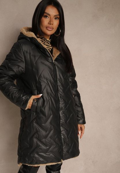 Czarna Pikowana Kurtka Dwustronna o Długim Kroju z Kapturem Olettia. Czarne kurtki sportowe Renee, l, bez wzorów, z futra, z kapturem. Za 189.99 zł.