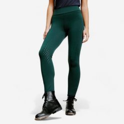 Legginsy jeździeckie damskie 500 z silikonowym lejem. Zielone legginsy FOUGANZA, s, bez wzorów, z lycry, z podwyższonym stanem, długie. Za 129.99 zł.