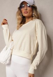 Jasnobeżowa Bluza z Bawełną ze Ściągaczami przy Rękawach i w Pasie Alberia. Brązowe bluzy Renee, l, bez wzorów, z bawełny, bez kaptura. Za 24.99 zł.