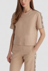 GUESS Ciemnobeżowy bawełniany t-shirt damski z lampasami Britney, Rozmiar L. Brązowe t-shirty Guess, l, z aplikacjami, z bawełny, bez kołnierzyka, bez ramiączek. Za 219.99 zł.