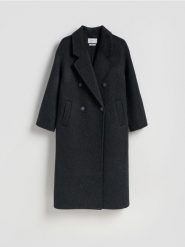 Płaszcz z wełną - czarny. Czarne płaszcze Reserved, l, bez wzorów, z tkaniny, bez kaptura. Za 499.99 zł.