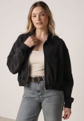 Czarna Bawełniana Bluza Bomberka o Kroju Oversize z Kołnierzem Viminala. Czarne bluzy Born2be, m, bez wzorów, z bawełny, bez kaptura. Za 149.99 zł.
