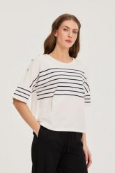 Bluza w paski biała. Białe bluzy MOODO, l, bez wzorów, z bawełny, bez kaptura. Za 99.99 zł.