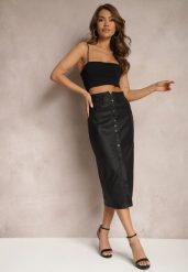 Czarna Spódnica z Ekoskóry High Waist z Rozcięciem i Napami z Przodu Asttia. Czarne spódnice Renee, na co dzień, na zimę, s, bez wzorów, z bawełny, midi, dopasowane. Za 44.99 zł.