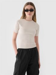 4F T-shirt slim crop-top gładki damski - beżowy XL. Brązowe t-shirty 4f, xl, bez wzorów, z dzianiny, bez kołnierzyka, bez ramiączek. W wyprzedaży za 29.99 zł.