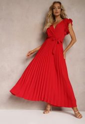 Czerwona Kopertowa Sukienka z Gumką w Pasie i Materiałowym Paskiem Ozdobiona Falbankami Tiamatalia. Czerwone sukienki Renee, na imprezę, m, bez wzorów, z materiału, eleganckie, bez kołnierzyka, bez ramiączek, maxi, kopertowe. Za 149.99 zł.