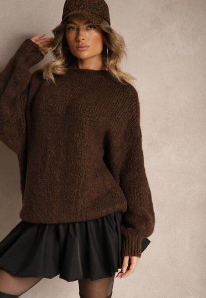 Brązowy Klasyczny Sweter z Wełną i Wiskozą o Luźnym Kroju Omethea. Brązowe swetry Renee, bez wzorów, z jeansu, bez ramiączek. Za 189.99 zł.