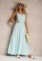 Jasnoniebieska Sukienka Zapinana na Guziki na Ramiączkach z Gumką w Talii i Falbanką Tiamalia. Niebieskie sukienki Renee, na imprezę, l, bez wzorów, eleganckie, bez kołnierzyka, bez ramiączek, maxi. Za 49.99 zł.