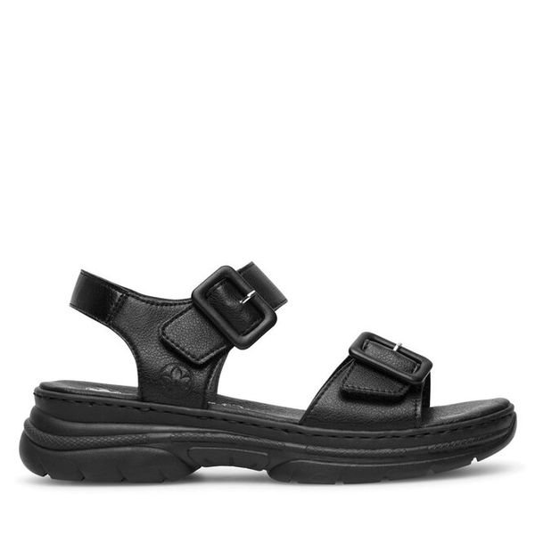 Sandały Rieker. Czarne sandały Rieker, bez wzorów, bez obcasa, na płaskiej podeszwie, bez zapięcia. Za 259.99 zł.