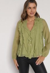 Zielona Bluzka Koszulowa z Dekoltem w Serek Zdobiona Falbankami Nailiphis. Zielone bluzki Born2be, l, z aplikacjami, z jeansu, biznesowe, bez kołnierzyka, bez ramiączek. Za 99.99 zł.