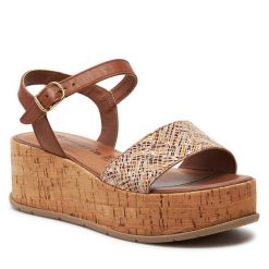 Sandały Tamaris. Brązowe sandały Tamaris, bez wzorów, bez obcasa, na koturnie, bez zapięcia. Za 399.99 zł.