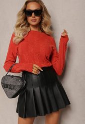 Pomarańczowy Warkoczowy Sweter z Długim Rękawem i Ściągaczami Kaviss. Brązowe swetry Renee, bez wzorów, z dzianiny, bez ramiączek. Za 89.99 zł.