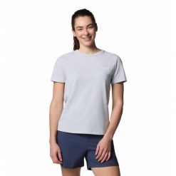 Koszulka damska Columbia Sun Trek Short Sleeve II Tee z krótkim rękawem. Szare koszulki sportowe Columbia, bez wzorów, bez ramiączek. W wyprzedaży za 124.30 zł.