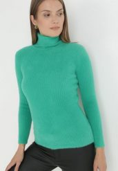 Zielony Golf Wełniany Prążkowany Ona. Zielone golfy Born2be, xs, bez wzorów, z dzianiny, bez ramiączek. Za 44.99 zł.